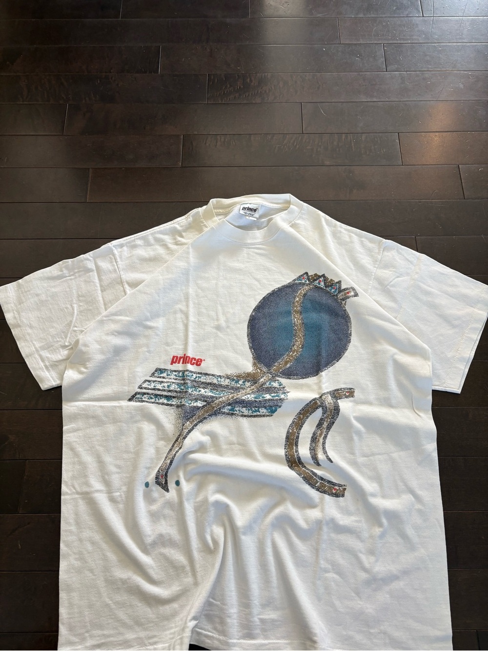 Vintage 90s Prince White Graphic Tee with Blue and Gold Accents